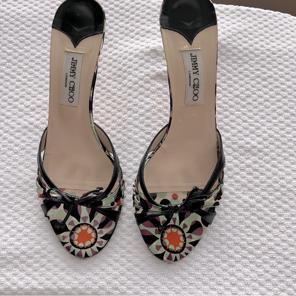 Jimmy Choo “Cairo” black leather & printed silk open toe sandal